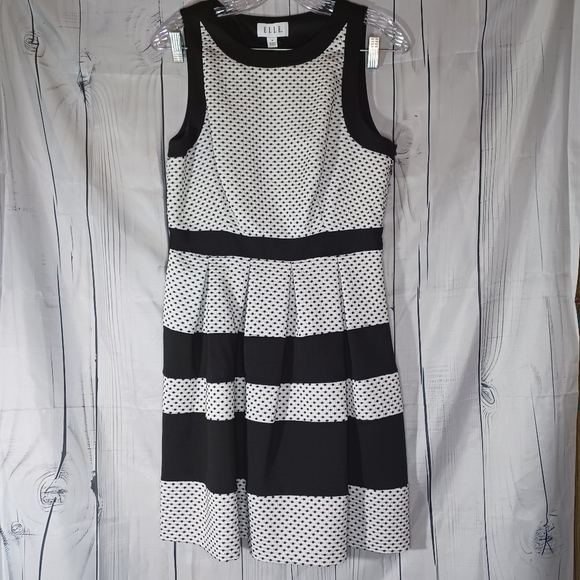 Elle Black and White Polka Dot Pleated Dress NWOT - Picture 1 of 13